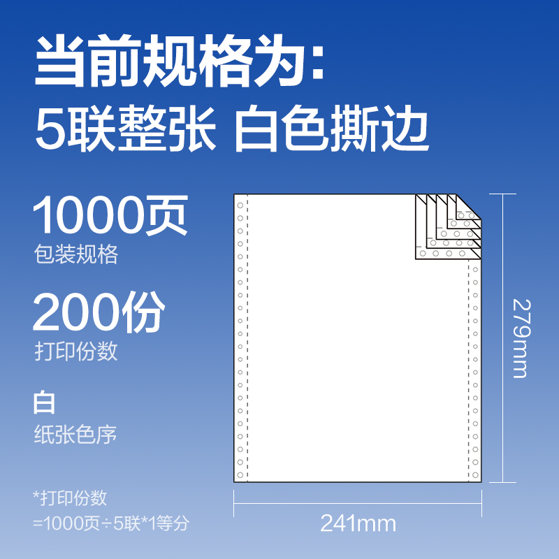 得力萊茵河L241-5電腦打印紙(S白色撕邊)(1000頁/盒)