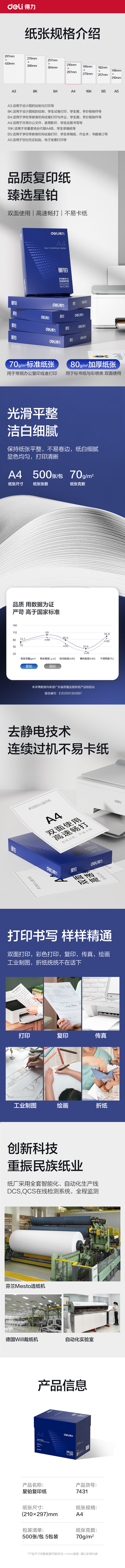 得力7431星鉑復(fù)印紙-A4-70g-5包(混)(包)