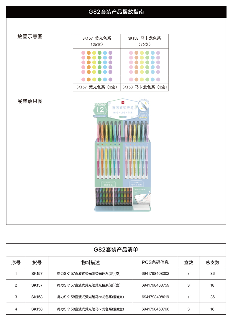 得力G82直液式熒光筆展架套裝(混)(108支/箱)