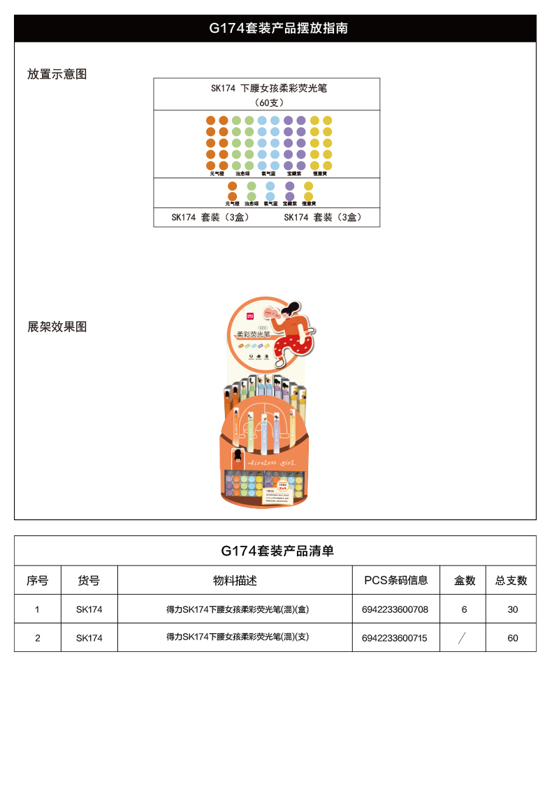 得力G174下腰女孩柔彩熒光筆展架套裝(混)(90支/架)