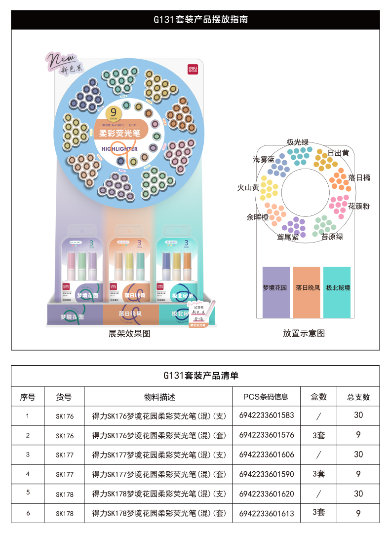 得力G131柔彩熒光筆展架套裝(混)(117支/架)