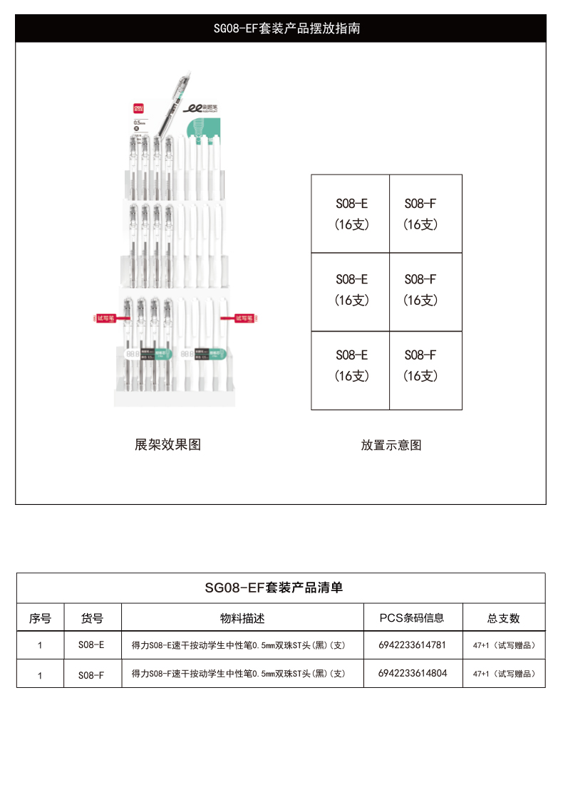 得力SG08-EF速干按動中性筆套裝0.5mm雙珠ST頭(黑)(盒)
