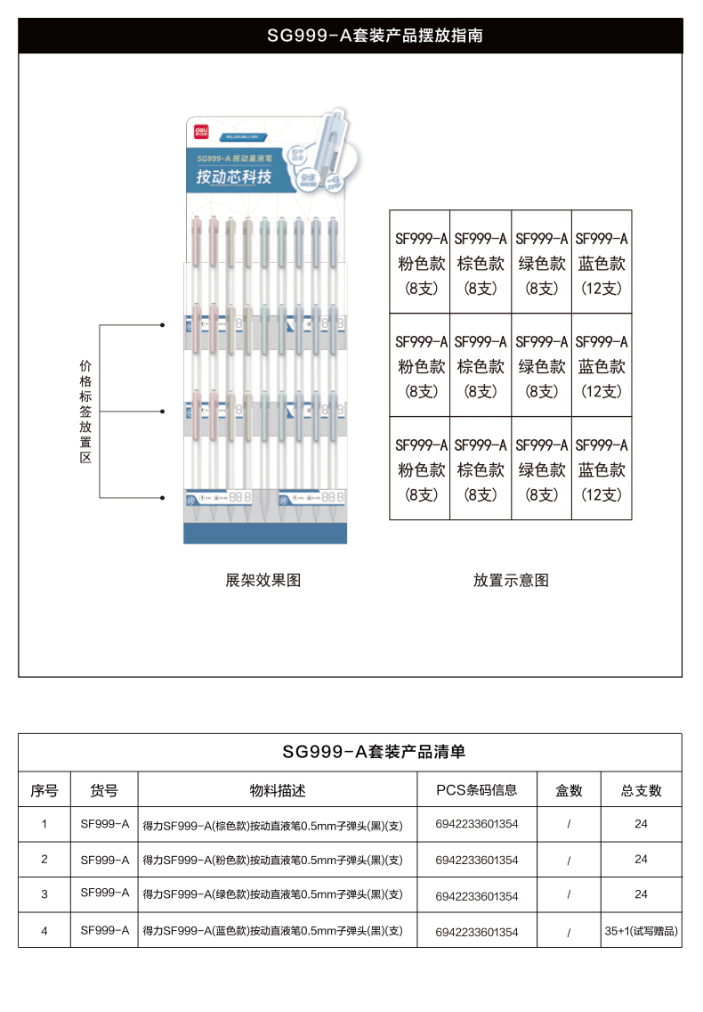 得力SG999-A直液筆展架套裝(黑)(108支/套)