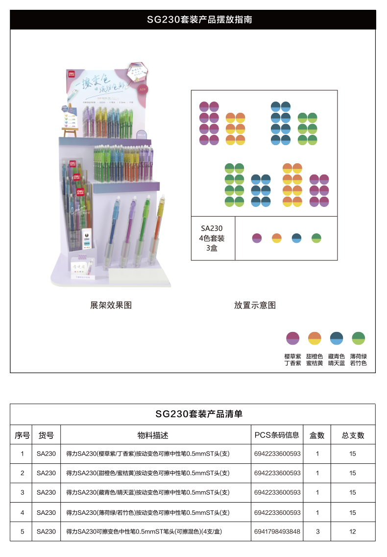得力SG230按動變色可擦中性筆(混)(72支/件)