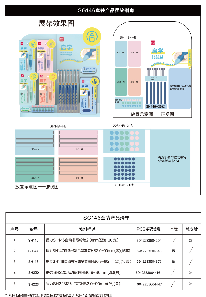 得力SG146啟學(xué)自動(dòng)書寫鉛筆展架套裝(混)(套)