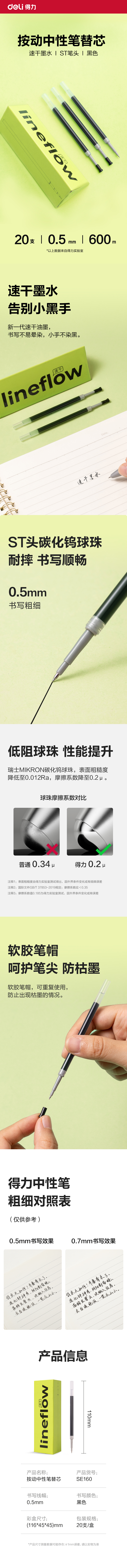 得力SE160速干中性筆替芯0.5mm按動ST頭(黑)(20支/盒)