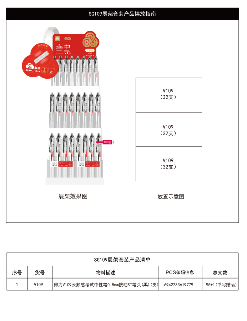 得力SG109連中三元考試中性筆展架套裝(4套/箱)0.5mmST頭(黑)(套)