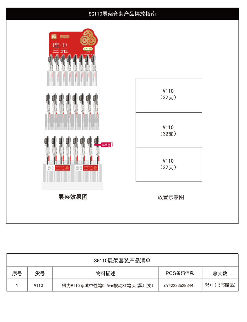 得力SG110連中三元考試中性筆展架套裝(4套/箱)0.5mmST頭(黑)(套)