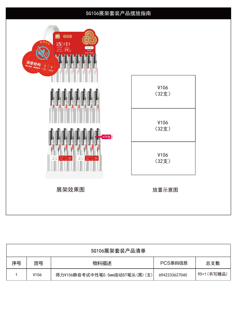 得力SG106連中三元考試中性筆展架套裝(4套/箱)0.5mmST頭(黑)(套)