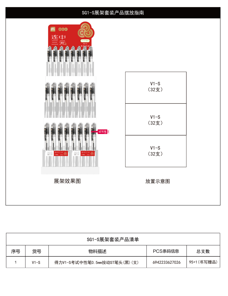 得力SG1-S連中三元考試中性筆展架套裝(4套/箱)0.5mmST頭(黑)(套)