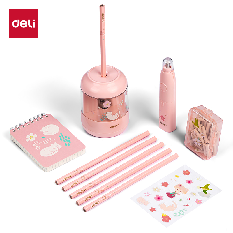得力68918A古風(fēng)女孩電動(dòng)文具套裝(櫻花粉)(盒)