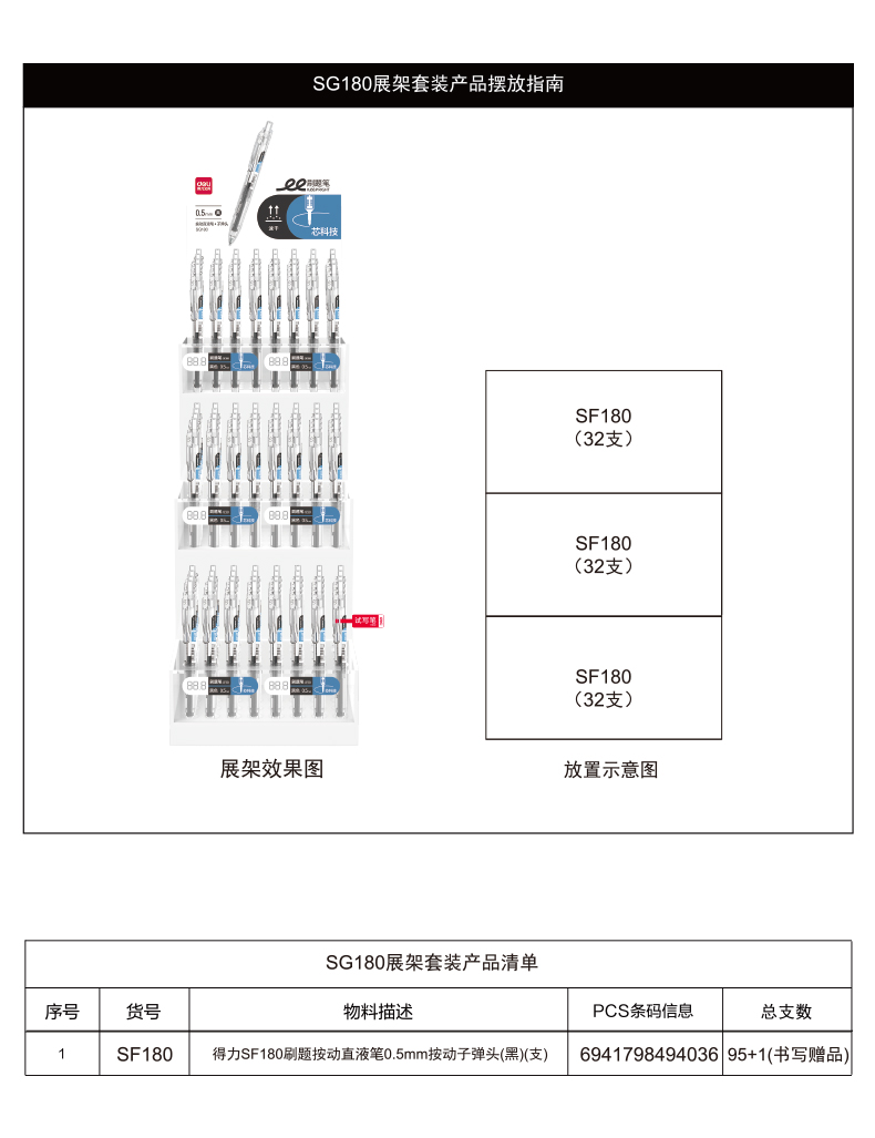 得力SG180刷題按動直液筆展架套裝(4套/箱)0.5mm子彈頭(黑)(套)