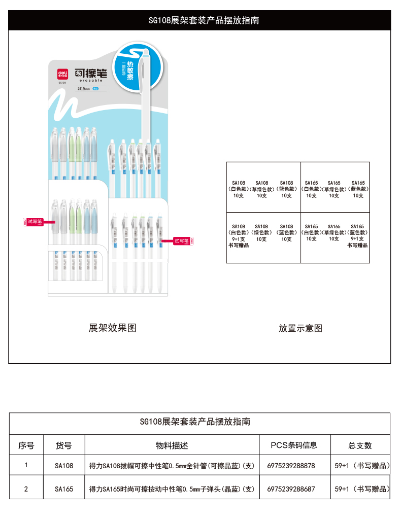 得力SG108可擦中性展架套裝(2套/箱)0.5mm全針管/子彈頭(晶藍)(套)