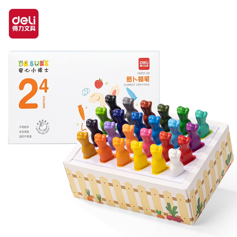 得力HM22-24_24色安心小博士食品級三角桿蘿卜蠟筆(混)(24色/盒)