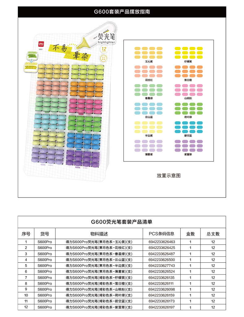 得力G600抗暈染扁桿熒光筆展架套裝(混)(144支/架)