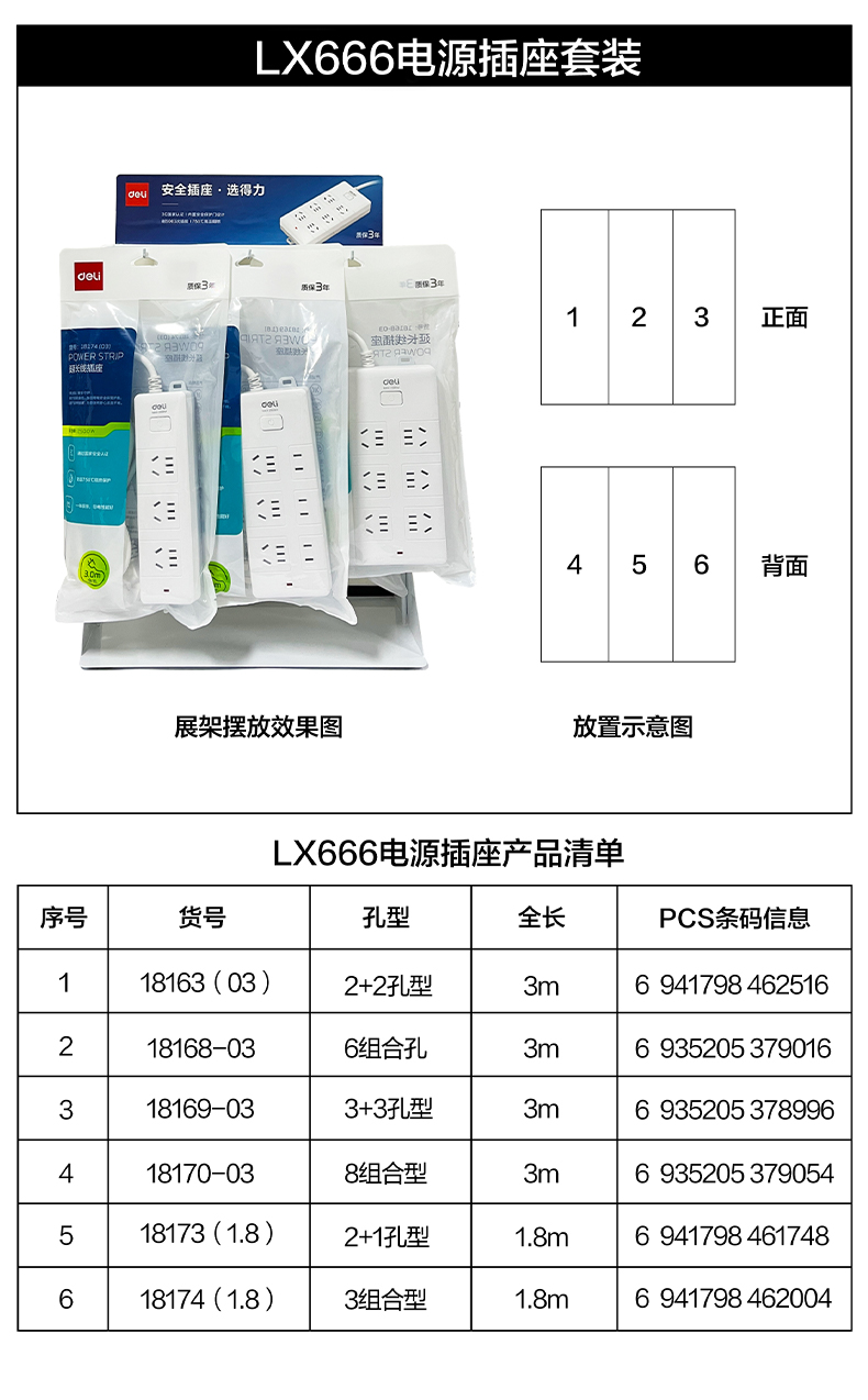 得力LX666電源插座套裝(白)(套)