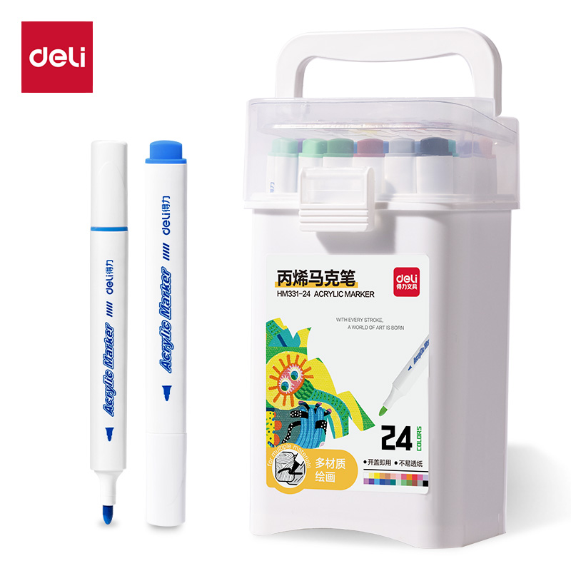 得力HM331-24_PP桶裝三角桿丙烯馬克筆(混)(24色/桶)