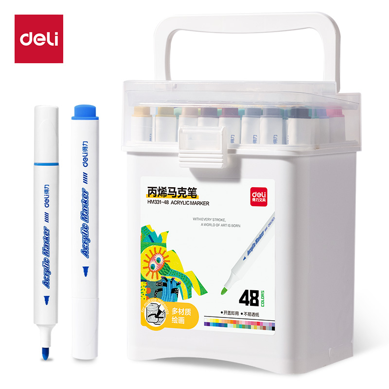 得力HM331-48_PP桶裝三角桿丙烯馬克筆(混)(48色/桶)