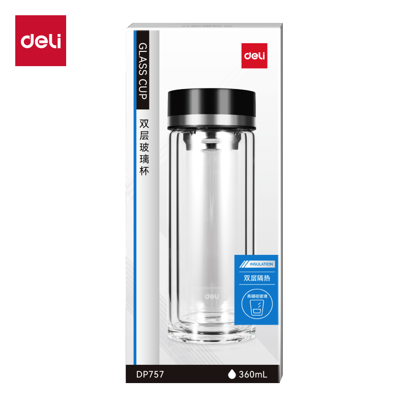 得力DP757雙層玻璃杯360mL(黑)(直杯)(個)