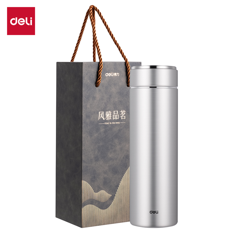 得力LL627保溫杯(旋蓋)(500mL)(316L內(nèi)膽)(銀色)(禮盒裝)