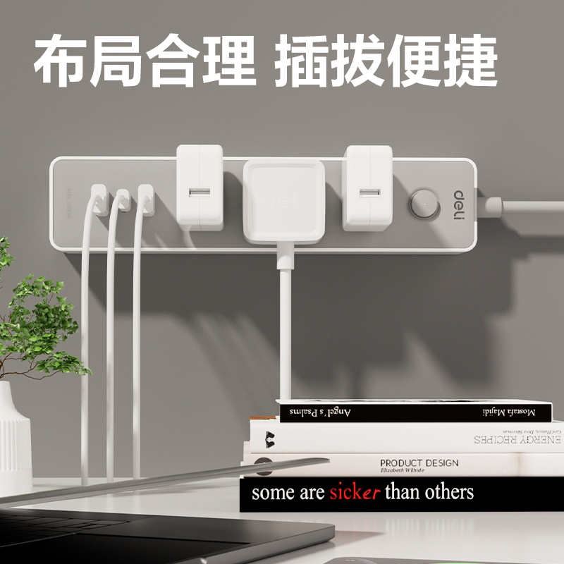 得力18186插座_3組2A1C_1.8米_PE袋(灰)(個(gè))
