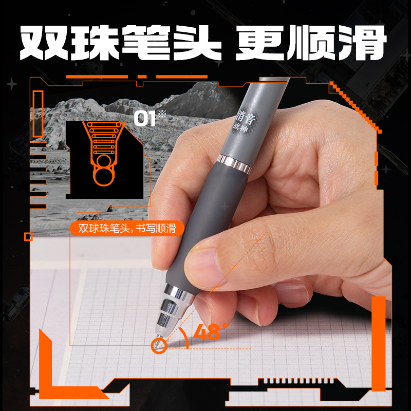 得力V200-5消音戰(zhàn)神速干按動(dòng)消音中性筆0.5mm雙球珠ST頭(黑)(盒/5支