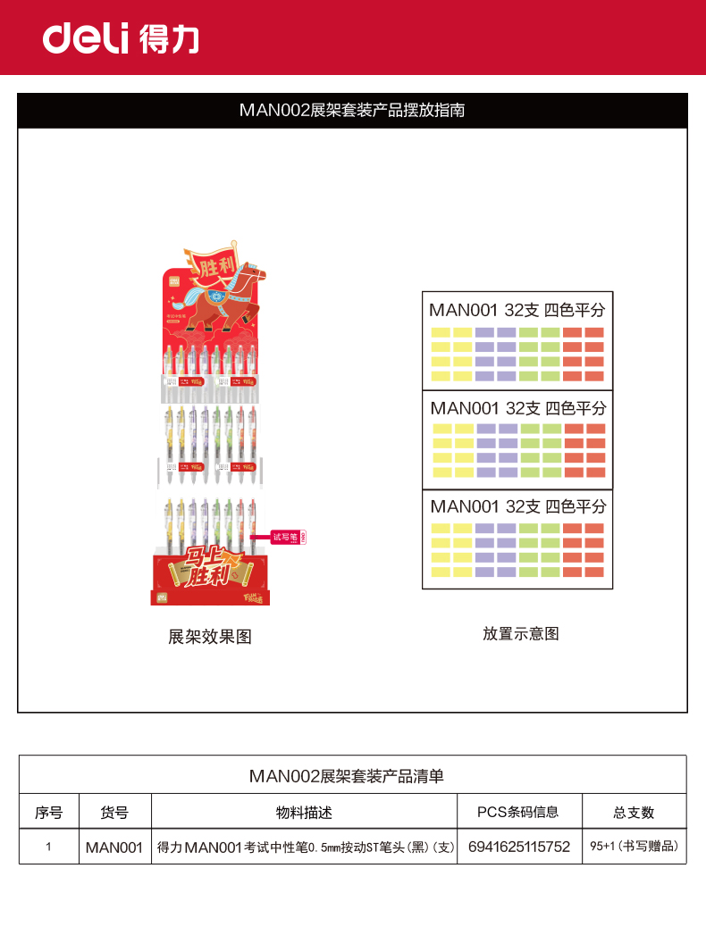得力MAN002馬年系列速干考試中性筆套裝0.5mmST頭(黑)(架/96支)