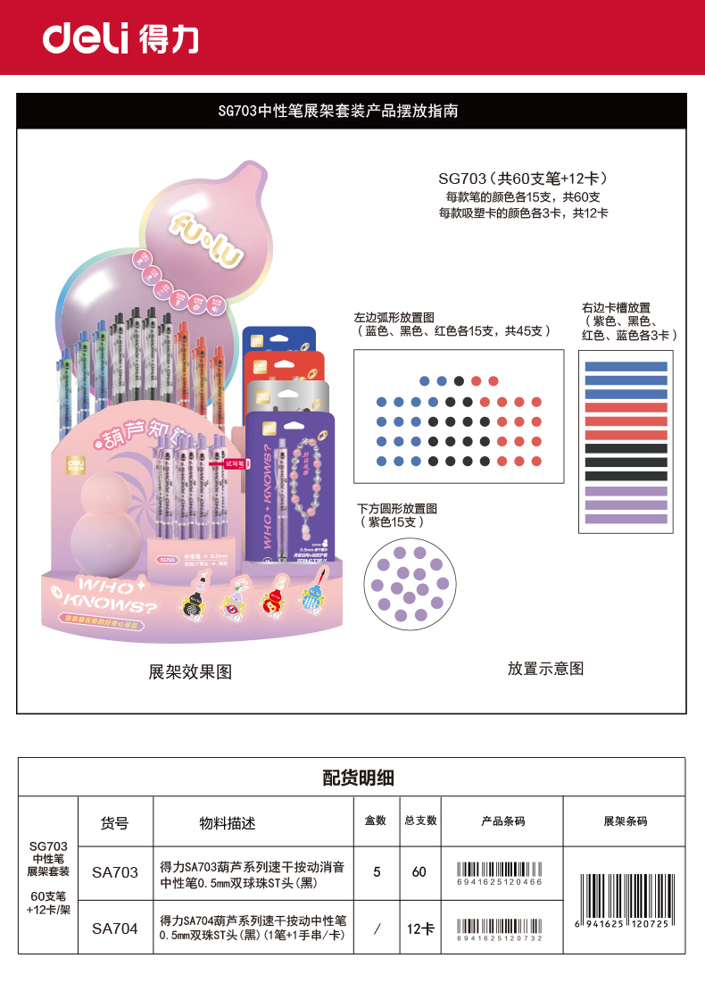 得力SG703葫蘆知道速干按動中性筆展架套裝(黑)(60支+12卡/架)