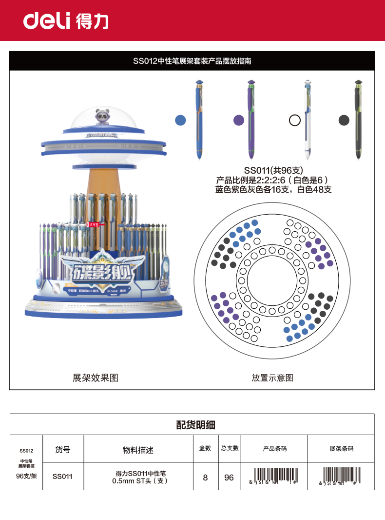 得力SS012六邊形艦隊(duì)碟影艦速干按動(dòng)中性筆展架套裝(黑)(96支/架)