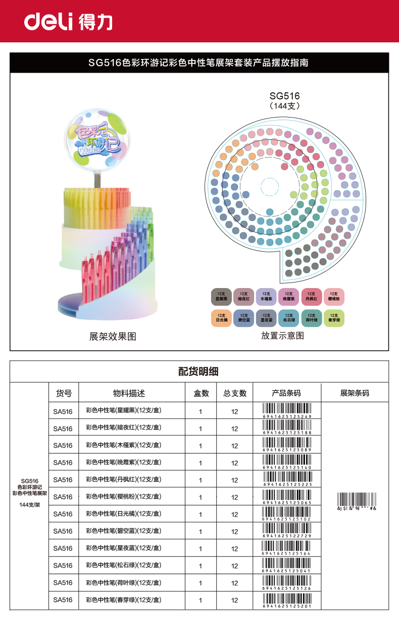 得力SG516彩色中性筆0.5mm按動(dòng)子彈頭展架(混)(144支/架)