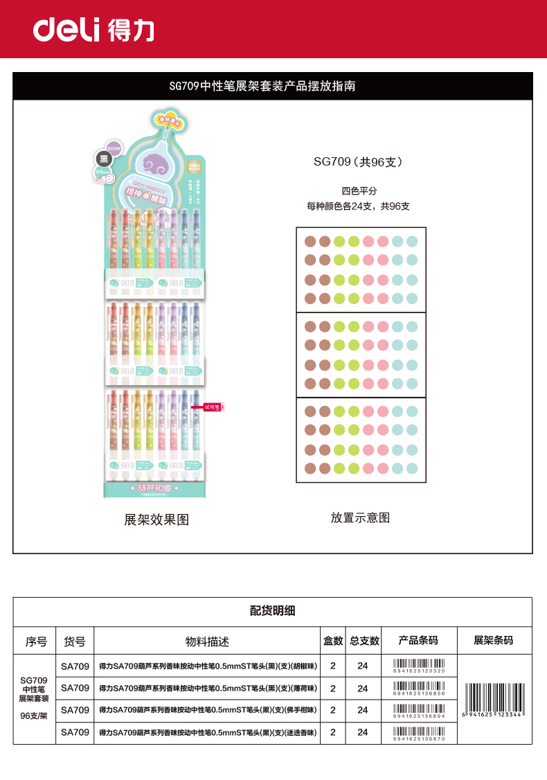得力SG709葫蘆系列香味按動中性筆展架套裝(黑)(96支/架)