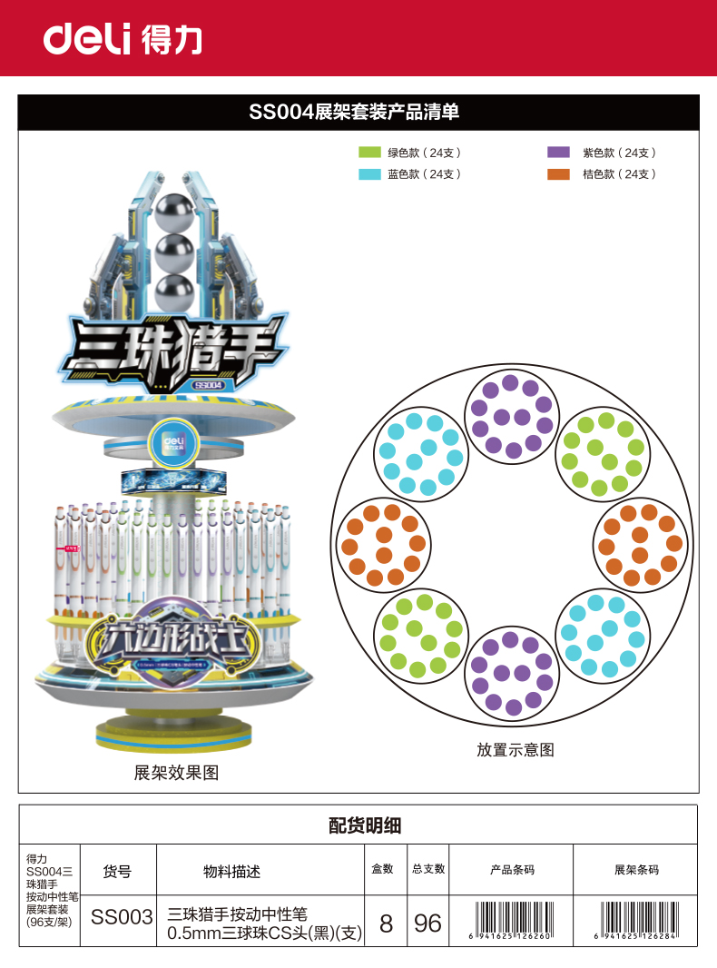 得力SS004六邊形戰(zhàn)士三珠獵手按動(dòng)中性筆展架套裝(黑)(96支/架)