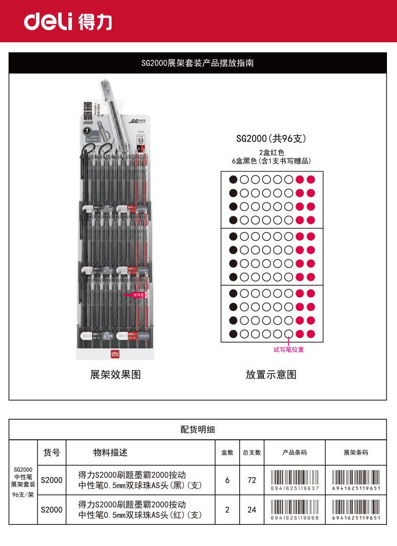 得力SG2000刷題墨霸2000按動中性筆展架套裝(混)(96支/架)