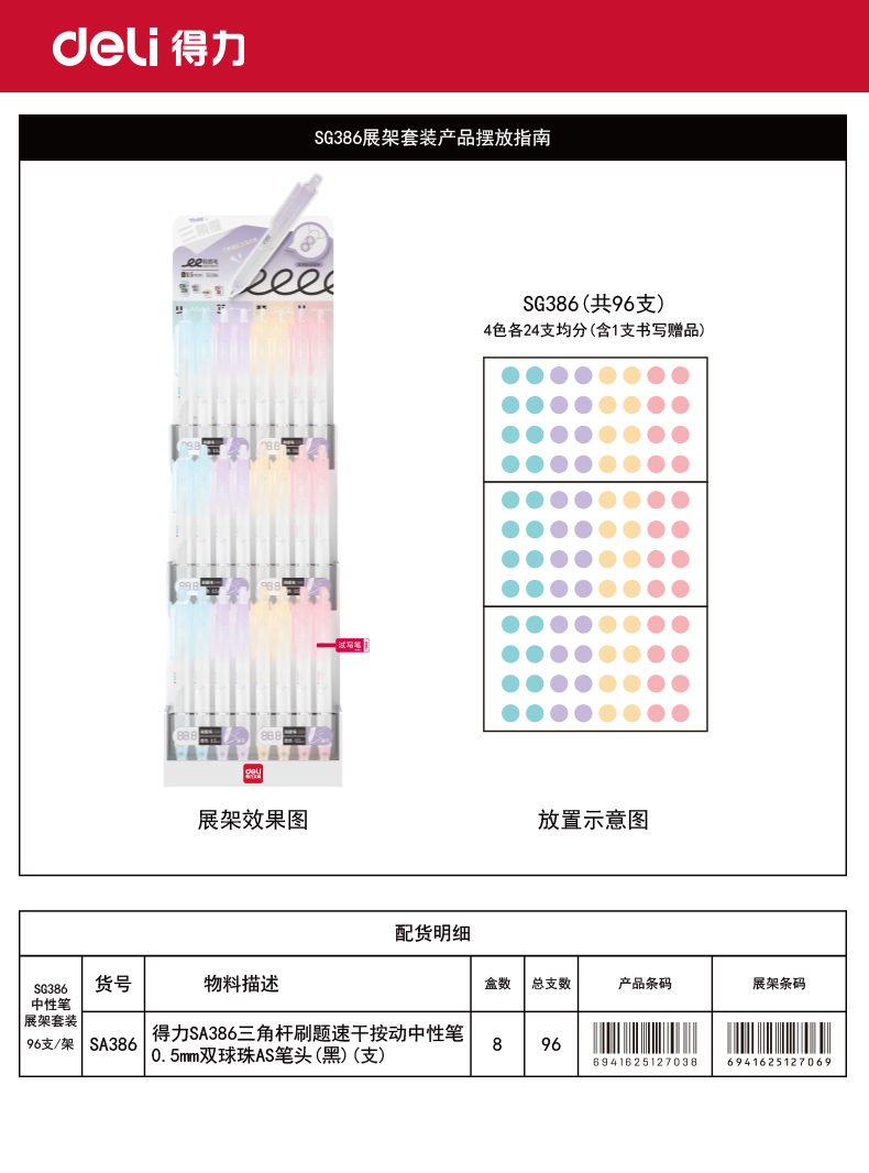 得力SG386三角桿刷題速干按動(dòng)中性筆展架套裝(黑)(96支/架)