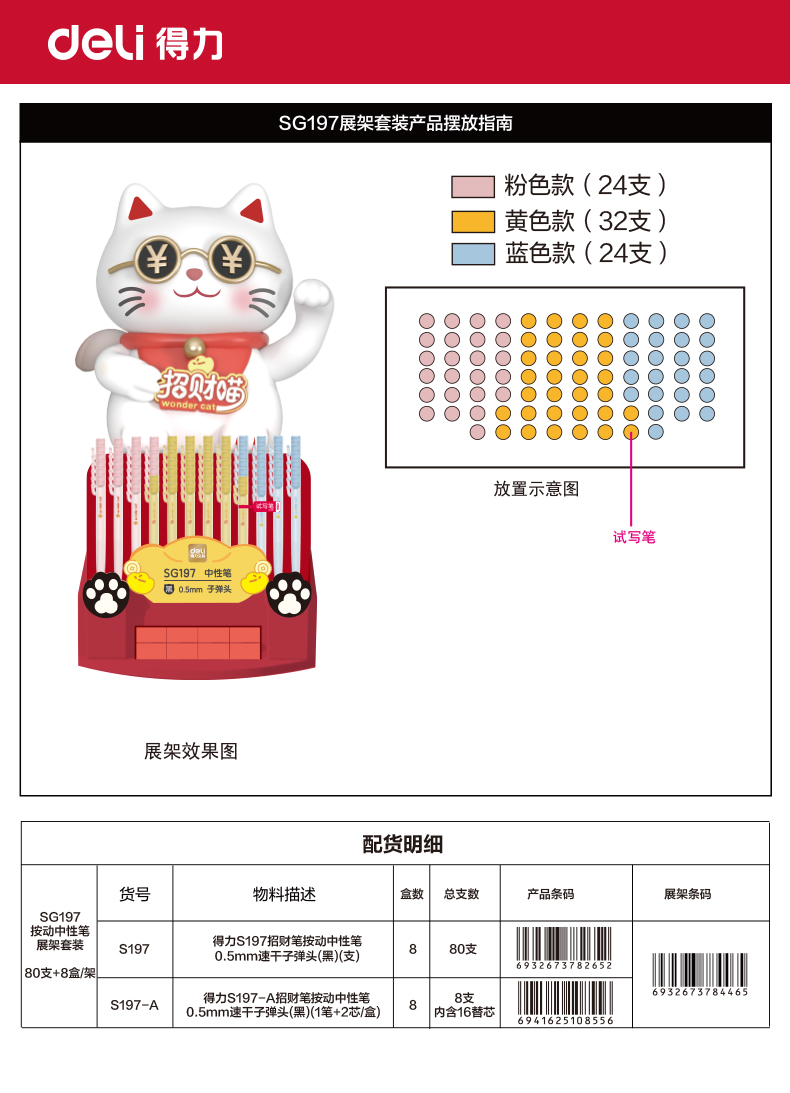 得力SG197招財筆按動中性筆展架套裝(黑)(80支+8盒/架)