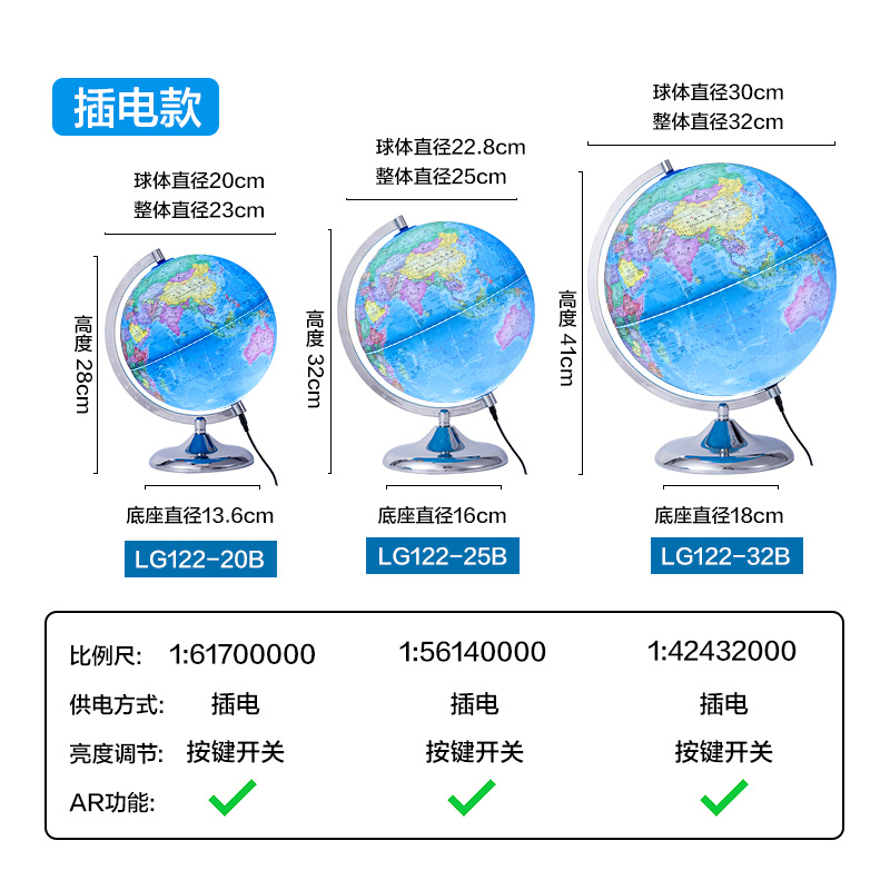 得力LG122-20B微浮雕地球儀插電-20cm(代發(fā))(淺藍(lán))(個(gè))