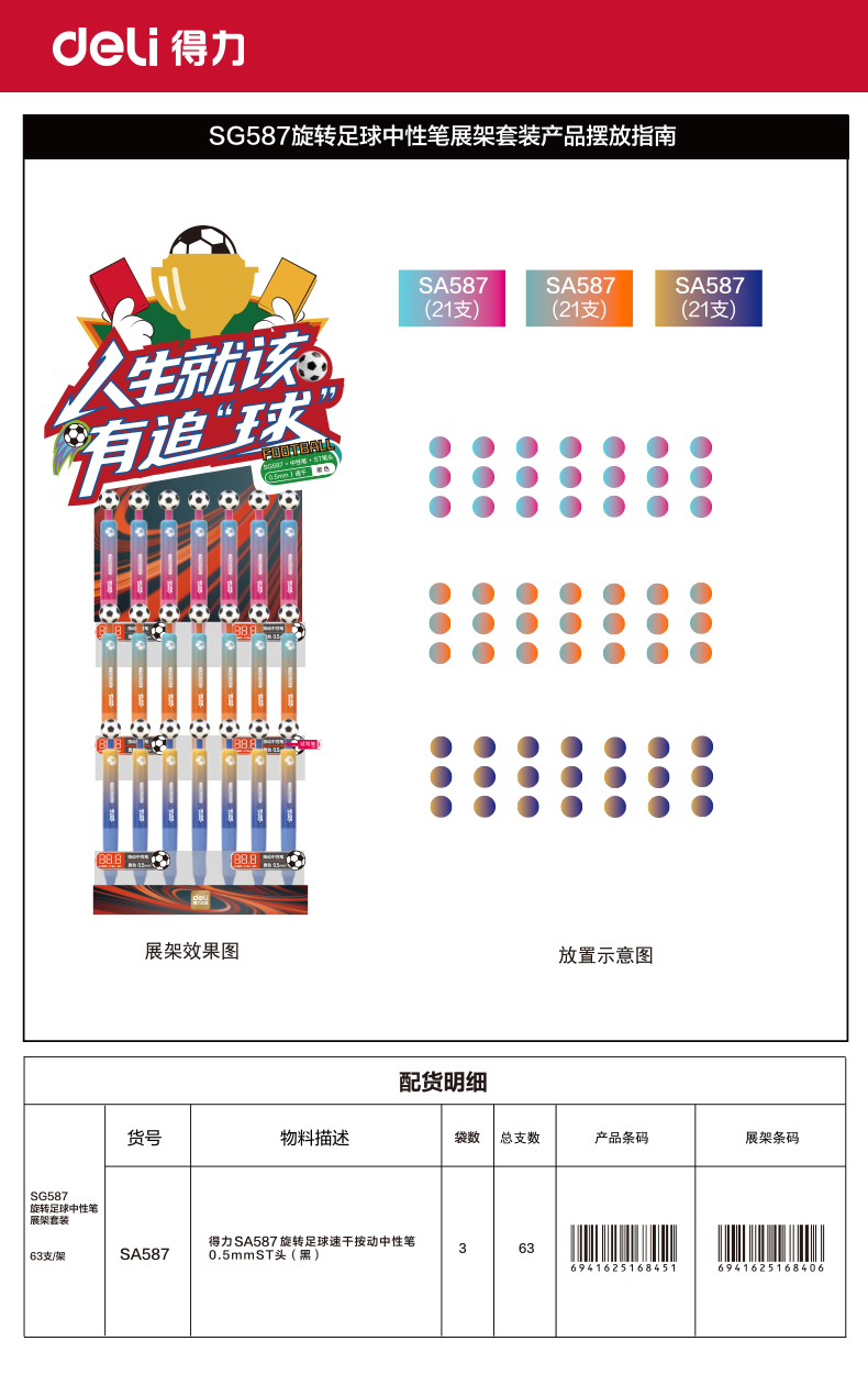 得力SG587旋轉(zhuǎn)足球速干按動中性筆展架(黑)(63支/架)