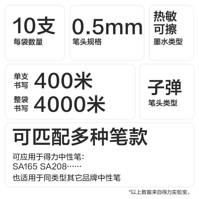 得力SE297按動可擦中性筆替芯0.5mm子彈頭(黑)(10支/袋)