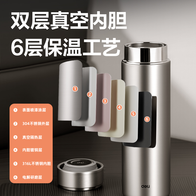 得力DP700保溫杯旋蓋500mL(銀色)(盒)