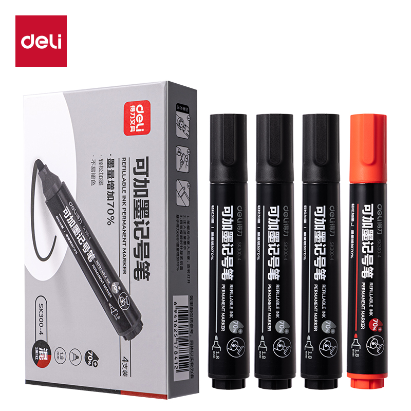 得力SK300-4大容量可加墨記號筆(混)(4支/盒)