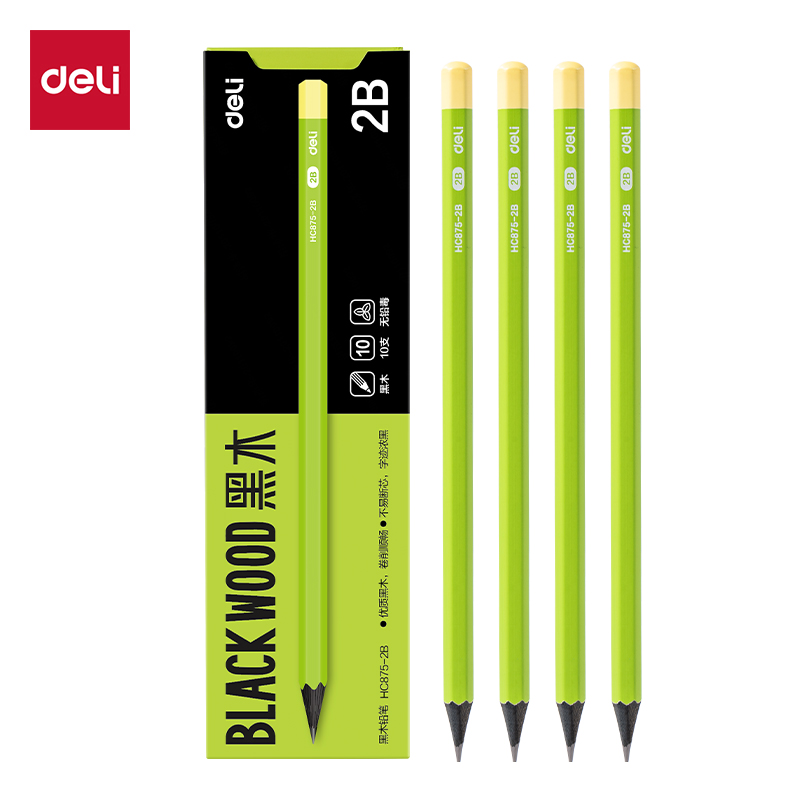 得力HC875-2B六角黑木綠桿書寫鉛筆2B(綠)(10支/盒)