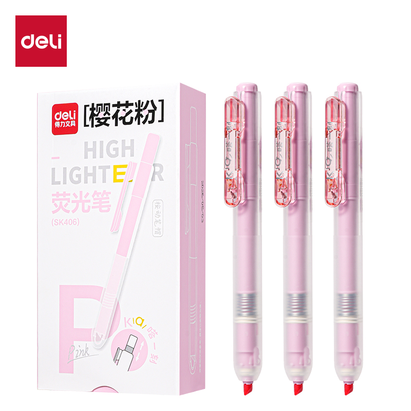 得力SK406按動(dòng)熒光筆馬卡色系(支)(櫻花粉)
